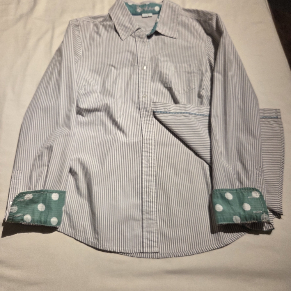 Boden Striped Shirt with Polka Dot Cuffs - Size 4R